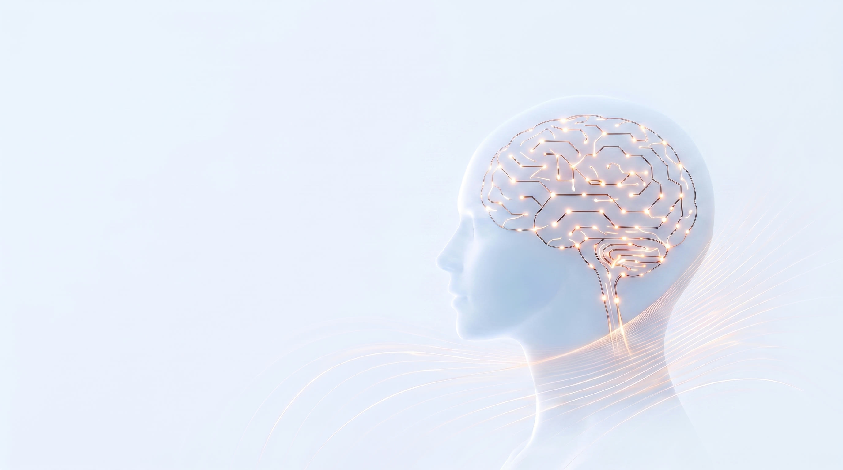 Human profile with a copper-lit network of ideas